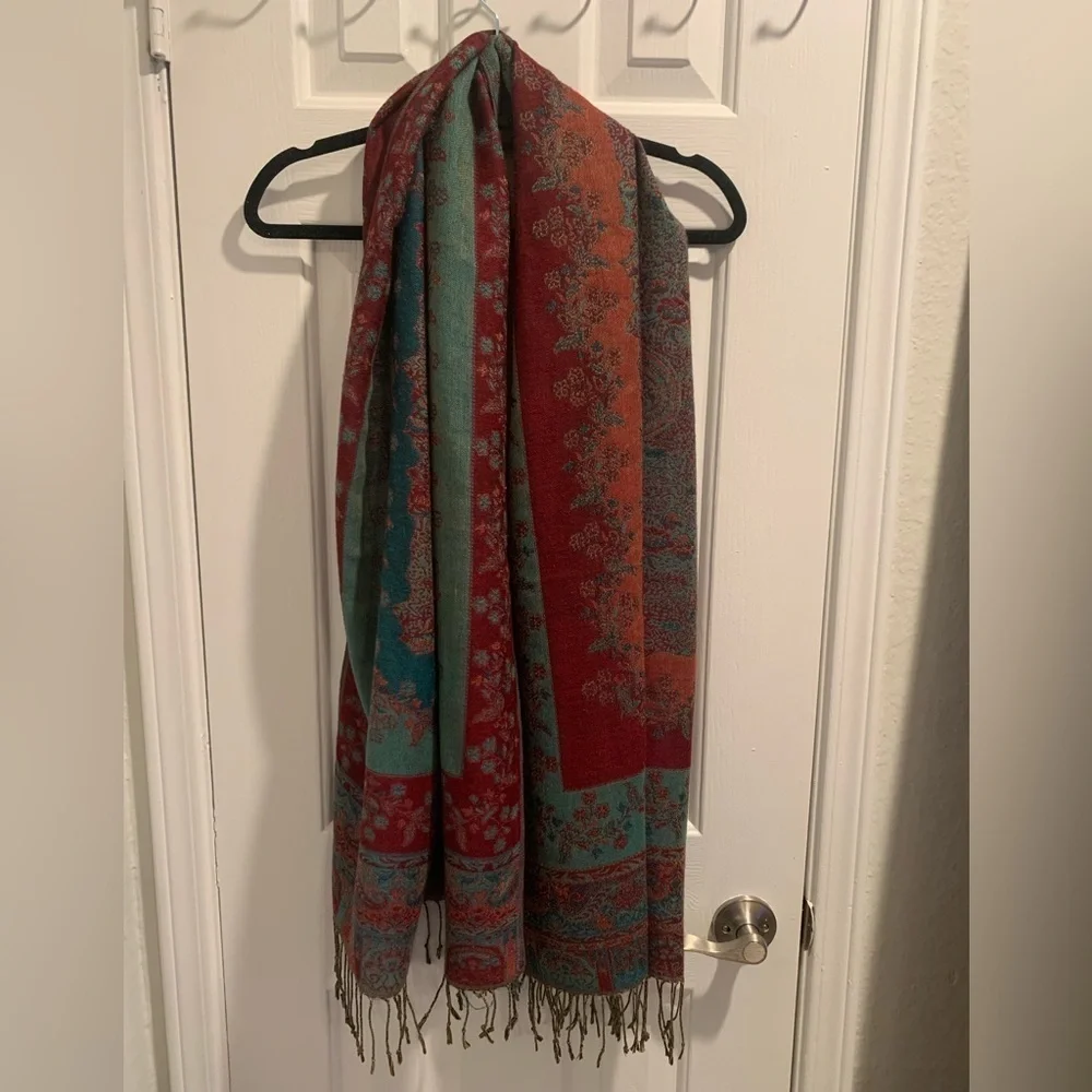 Women’s Paisley Fringed Burgundy and Green Scarf Shawl Wrap